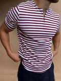 BONSIR  -  Casual Mens Striped T-shirts Summer Slim Fit Short Sleeve Pullover Tops New Fashion Zipper O-Neck Tee Shirts Men Streetwear