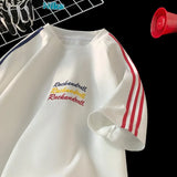 BONSIR  -  New Embroidery T-shirt Rainbow Coloured Letters T-shirt Fashion Striped Collision Summer Short-sleeved Tops Street Couple Tee