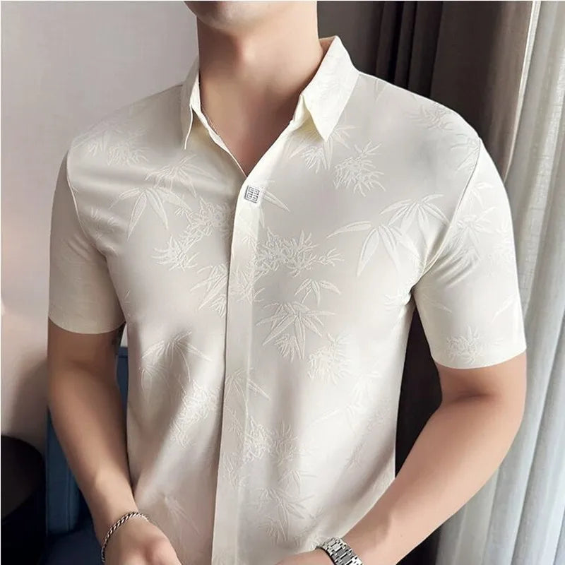 Bonsir New Chinese Style Fashion Jacquard Traceless V Neck Polo Shirt Men Lapel Thin Short Sleeve Lapel Slim Fit Breathable Tee