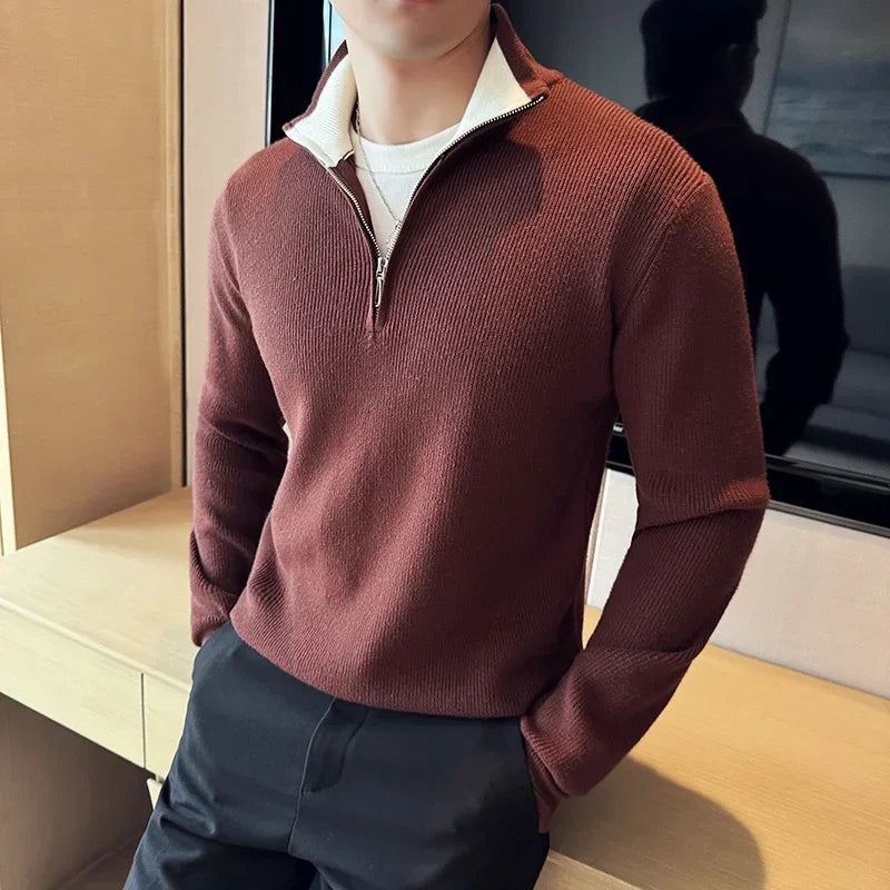 Bonsir Autumn Winter Sweater For Men High Quality Half Zipper Coat Men's Stand up Collar Color Blocked Slim Fit Knitted Pullover