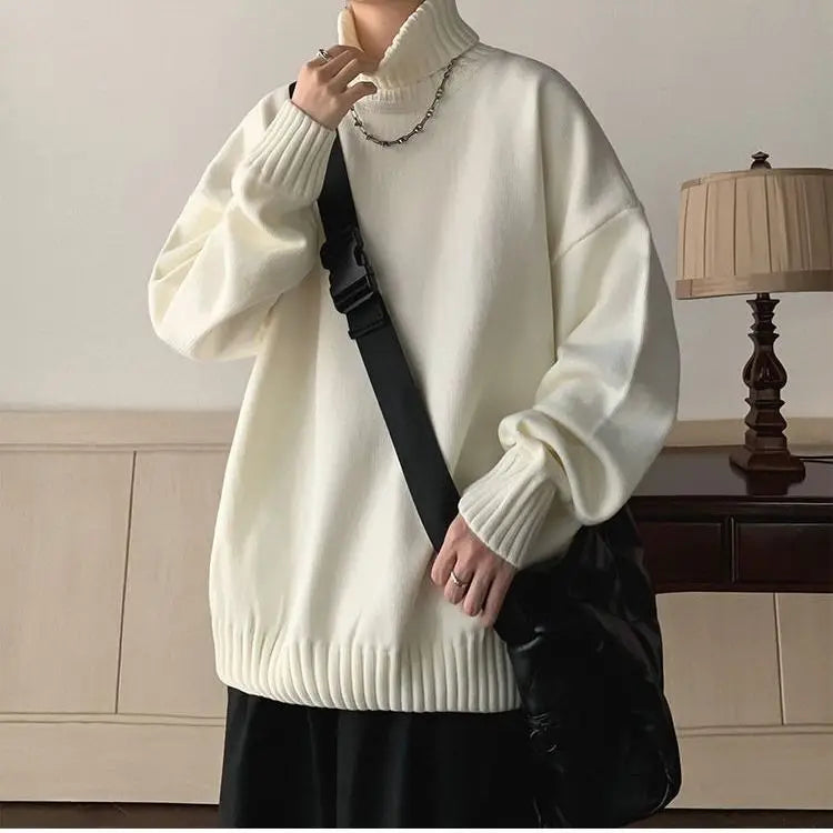 Bonsir Autumn Winter Fashion Men's Cool Boy Casual Loose Tess Knitted Pullover Turtleneck Sweater Soft Warm Thick