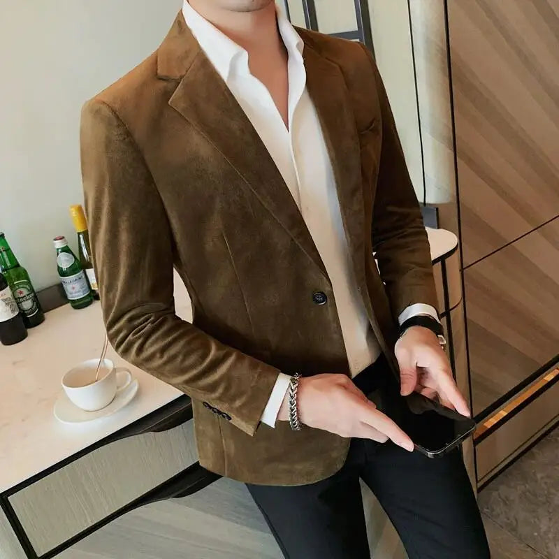 Bonsir Autumn Velvet Blazers Jacket Solid Color Casual Slim Fit Business Suit Coat High Quality Fashion Men Wedding Social Tuxedo