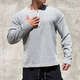 BONSIR  -  Men Clothing Casual Long Sleeve Muscle Male Pullover Simple Waffle Tops Tee t-shirt Vintage Solid Zipper Loose Gym Shirts