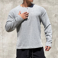 BONSIR  -  Men Clothing Casual Long Sleeve Muscle Male Pullover Simple Waffle Tops Tee t-shirt Vintage Solid Zipper Loose Gym Shirts