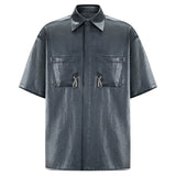 Bonsir French Satin Glossy Shirt Men's Fashion Pocket Solid Color Short Sleeve Blouse Unisex Functional Metal Button Design Shirts