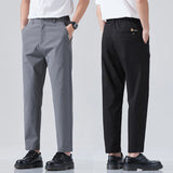 BONSIR  -  Spring Summer Thin Ice Silk Suit Pants Men's Business Straight Slim High Elastic Ankle Length Casual Pants Male
