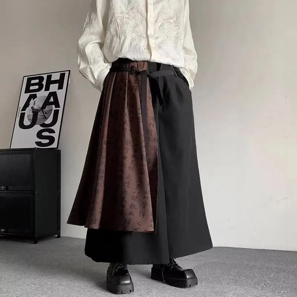 Bonsir Mens Double Layer Chinese Calligraphy Splicing Irregular Culottes 2024 New Genderless Waist Strap Loose Wide Leg Pants Unisex