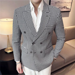 Bonsir British Style Fashion Double Breasted Casual Blazer Coat Men Check Slim Fit Suit Jacket Formal Office Wedding Tuxedo Jacket