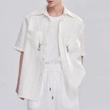 Bonsir French Satin Glossy Shirt Men's Fashion Pocket Solid Color Short Sleeve Blouse Unisex Functional Metal Button Design Shirts