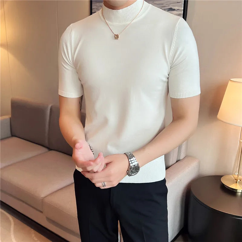 Bonsir Autumn High Quality Short Sleeve Knitted T Shirts  Men Slim Solid Pullovers Half Turtleneck Casual Stretched Tee Shirt Homme