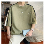 BONSIR  -  Korean Y2k Suede T-shirt Men Striped Short Sleeve Letter Printing T Shirts Summer Hip-hop Loose Round Neck Tops Couple Clothes