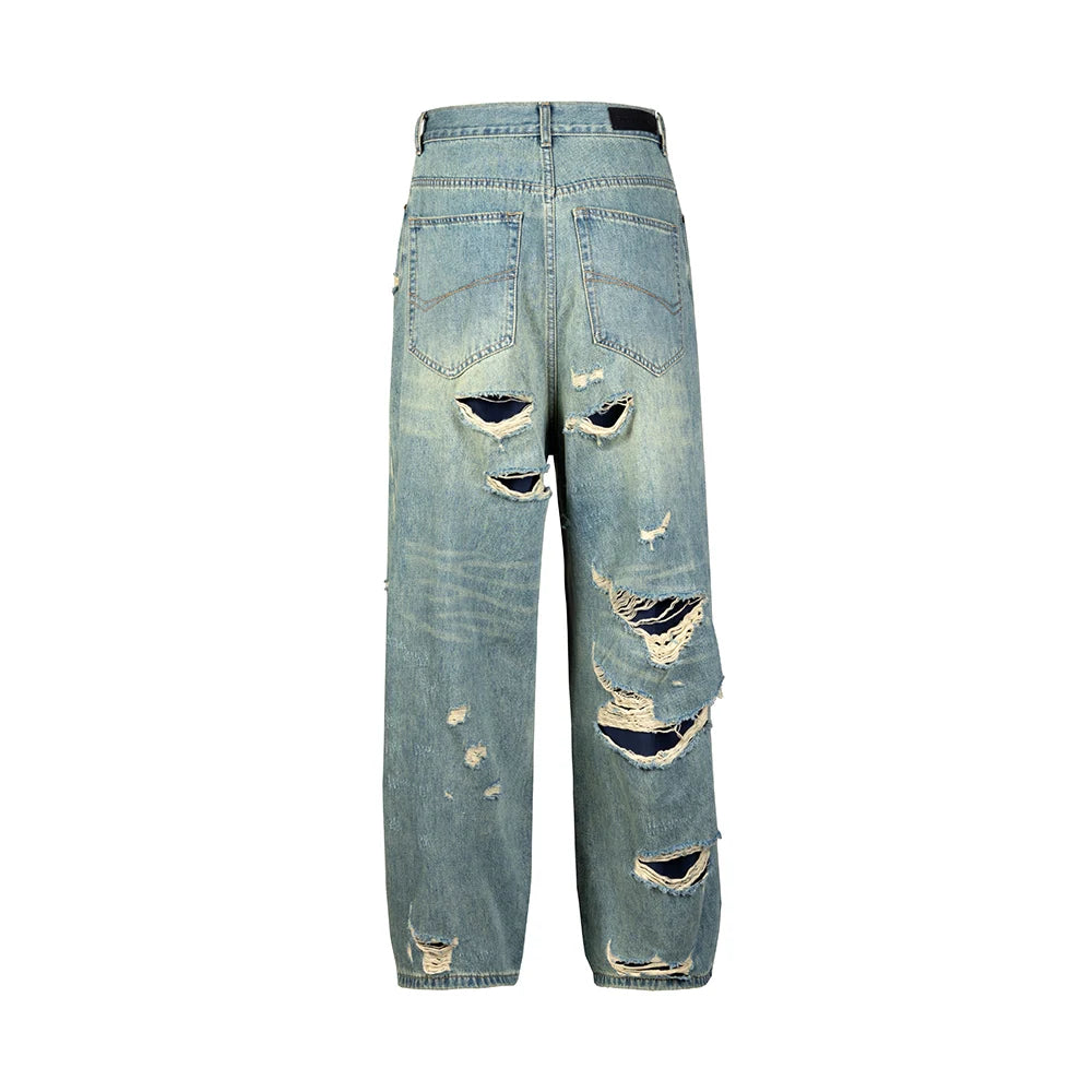 Bonsir Distressed Washed Blue Baggy Wide Leg Jeans for Men and Women Frayed Casual Denim Trousers Oversized Loose Cargo Pants