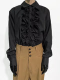BONSIR  -  Medieval Palace Style Standing Collar Lotus Leaf Placket Long Sleeve Shirt Neutral Style Design Shirt Men's Performance Costume
