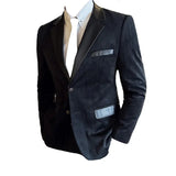 Bonsir Spliced Leather Collar Flannel Texture Suit Coat Autumn Winter Men Slim Fit Business Thick Striped Wedding Suits Men's Clothing
