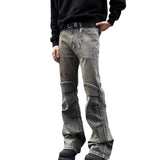 Bonsir Y2K Streetwear Vintage Grey Pleated Flare Jeans Pants For Men Designer Clothes Old Harajuku Luxury Goth Long Trousers