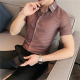 Bonsir Summer High Quality Striped Ribbon Short Sleeve Shirt Men's Slim Fit Business Formal Wear Blouse Streetwear Plus Size 4XL-M