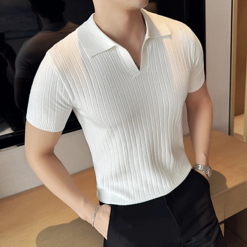 Bonsir Summer New Striped V-neck Knitted Polo Shirts Fashion Men‘s Short Sleeved Thin Breathable Casual Social T-shirt 4XL-M