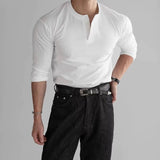 BONSIR  -  New American Fashion Men Henry Collar T-shirt Light Luxury Solid Color Long Sleeve Tops Leisure Light Business Basic Shirt M-3XL
