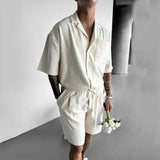 BONSIR  -  Summer New Casual Men's Suits Pocket Design Loose Vintage Turn-down Collar Short Sleeve Shirt and Shorts Men Two Piece Set