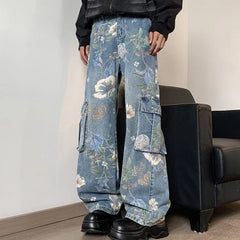 Bonsir Korean Style Denim Cargo Pants Mens Fashion Floral Printed Jeans 2024 Autumn Loose Casual Trousers Hip Hop Wide-leg Jean Pants