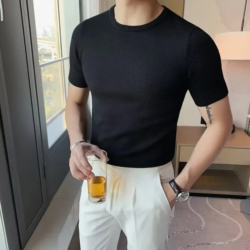 Bonsir Autumn New Round Neck Knitted T-shirt For Men Korean Solid Color Slim Fit Short Sleeves Simple  Versatile Pullover Tees Top