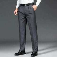 Bonsir Double Pleated Men Pants Trousers Straight Loose Autumn Casual Clothing Higt Waist Formal Suit