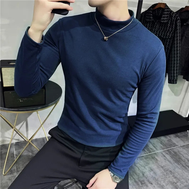 Bonsir Autumn Winter Half High Neck Velvet T-Shirt Korean Men's Slim Fit Solid Color Casual Long Sleeve Bottoming Tee Men Clothing 4XL