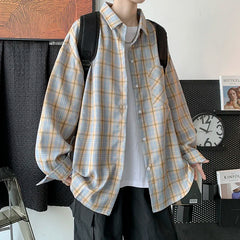 BONSIR   -  Long Sleeves Collar Korea Style Shirt For Men's Plaid Harajuku Clothing Unisex Overshirt