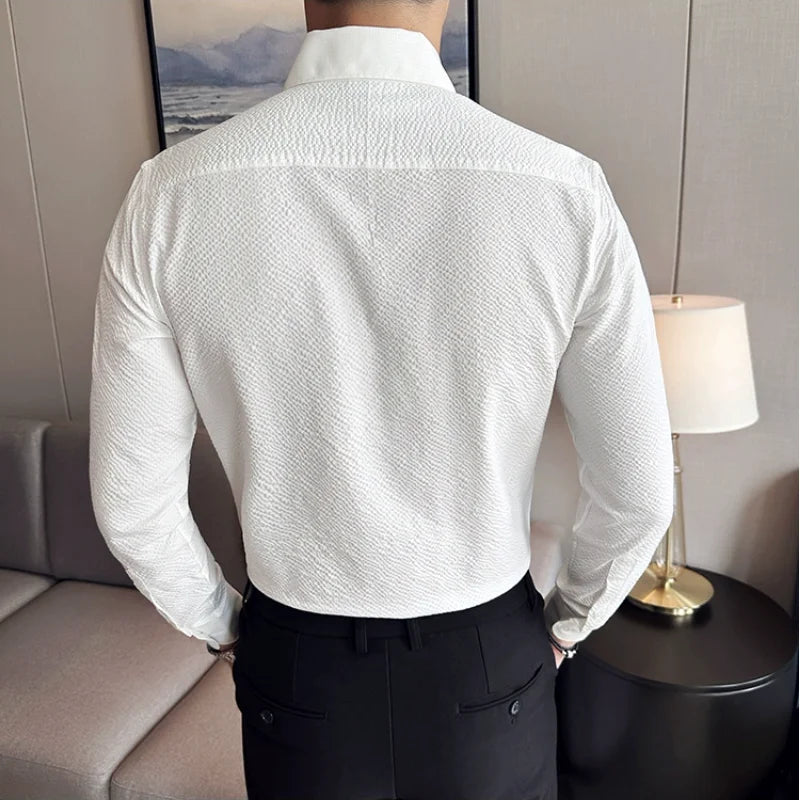 Bonsir Autumn New Waffle V Neck Shirt Men's Long Sleeve Standing Neck Slim Fit Business Formal Dress Shirt Social Tuxedo Shirt Top