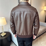 Bonsir Autumn Winter Men High Quality Woven Leather Jacket Fashion Lapel Business Casual Motorcycle Jacket Brand Social Overcoat