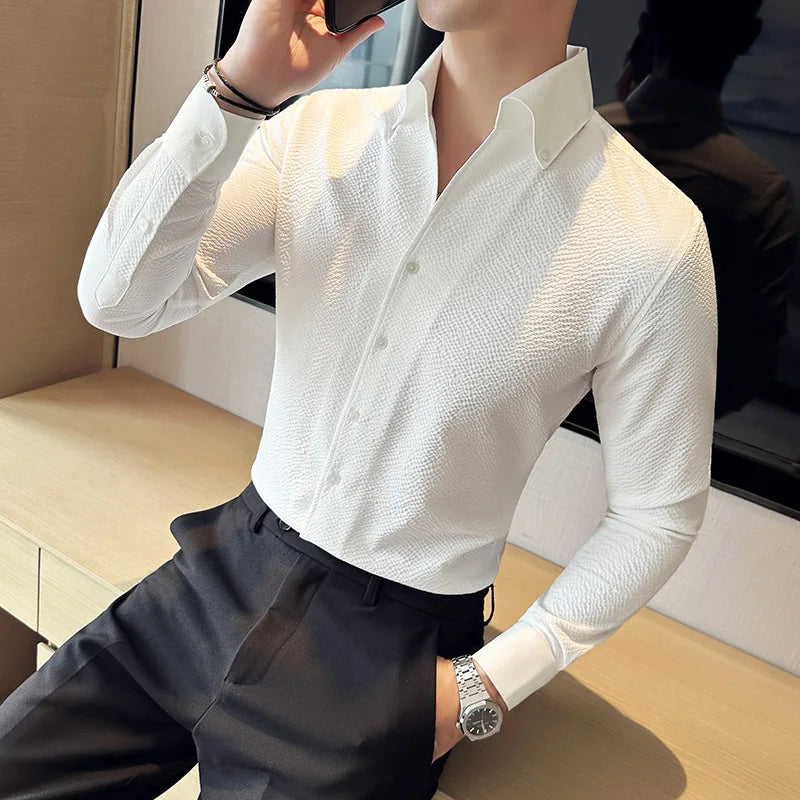 Bonsir Autumn New Waffle V Neck Shirt Men's Long Sleeve Standing Neck Slim Fit Business Formal Dress Shirt Social Tuxedo Shirt Top