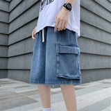 BONSIR  -  Summer New Baggy Denim Shorts Men's Pocket Jeans Elastic Waist Casual Blue High Street Drawstring Short Pants Streetwear
