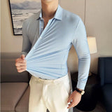Bonsir Plus Size 4XL-M High Elasticity Seamless Shirts Men Elegant Traceless Striped Slim Fit Shirt Formal Long Sleeve Social Dress