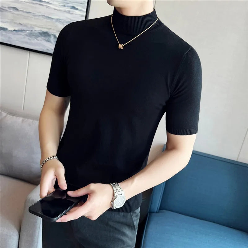 Bonsir Autumn High Quality Short Sleeve Knitted T Shirts  Men Slim Solid Pullovers Half Turtleneck Casual Stretched Tee Shirt Homme