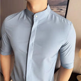 Bonsir High Quality Metal Buttons Decor Half Sleeve Shirts Summer New Men Slim Fit Casual Social Business Blouse Homme