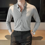 Bonsir New High Quality No Trace Ice Silk Long Sleeve Elastic Shirts Men Formal Business Slim Fit Solid Casual Shirt Tuxedo 4XL-M