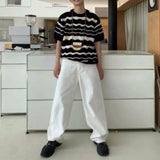 Bonsir Mens Knitted T-Shirt Black White Contrast Striped Top Streetwear Hollow Versatile Casual Short-Sleeve Tshirt Men'S Clothing