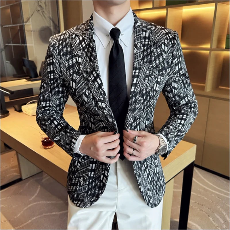 Bonsir Camouflage Grid Suit Jacket For Men New Business Casual Slim Blazer Korean Luxury High Quality Wedding Business Suit Coats