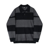 BONSIR  -  Men's Contrasting Color Striped Polo Knitted Shirt, Korean Style Trendy Turn-down Collar Sweater, Loose and Casual Top M-2XL