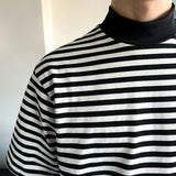 Bonsir Mens Casual Black White Striped T-Shirts Genderless 2024 Summer New Fashion Streetwear Youth High Neck Short Sleeve Tops Unisex