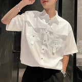 Bonsir Mens Patchwork Design Shirts Daily Streetwear Personality Versatile Casual Trendy Short-Sleeve Tops 2024 New Men'S Clothing