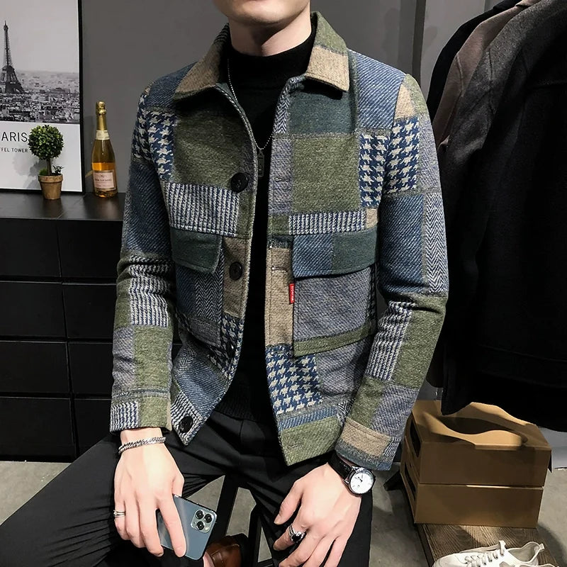 Bonsir Autumn Winter New Woolen Plaid Coat Jackes Men Business Casual Slim Fit Jackets Streetwear British Style Party Blazers