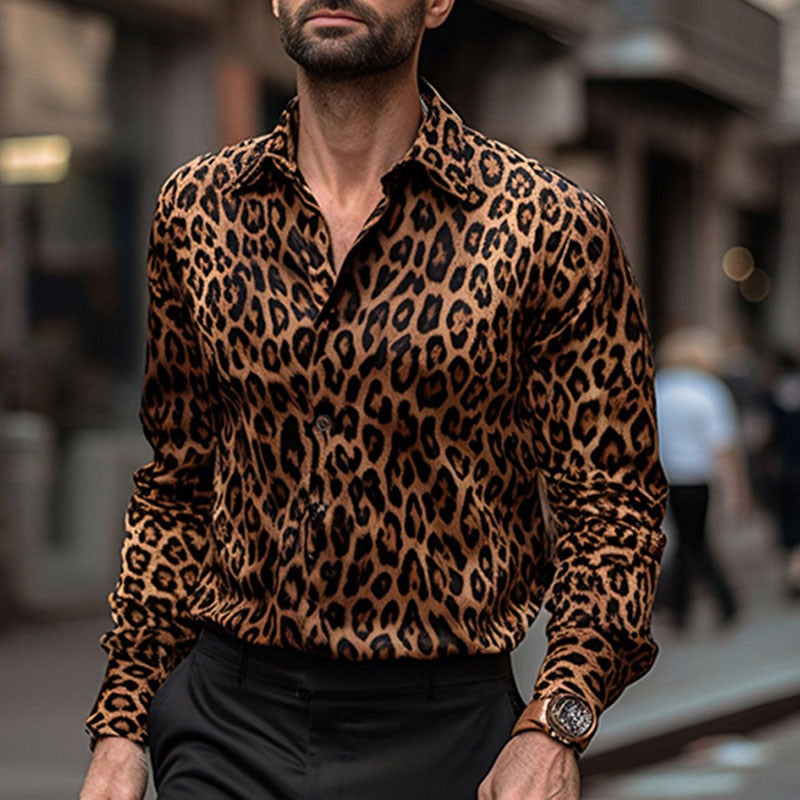 Bonsir Slim Fashion Button Collar Social Shirts Men Clothing Winter Long Sleeve Cardigan New Autumn Leopard Print T-shirts Tops