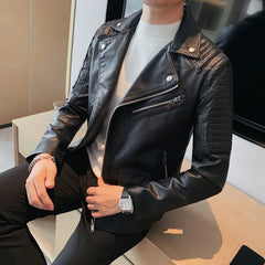 Bonsir Autumn New Oblique Zipper Motorcycle Leather Jacket Men Brand Short Slim Fit Lapel Pu Leather Coat Jackets Streetwear 4XL-M