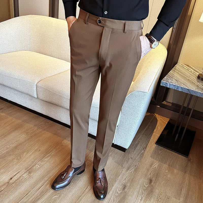 Bonsir Autumn New High Waist Solid Casual Dress Pants Men High Quality Slim Suit Pants Formal Wedding Social Party Trousers