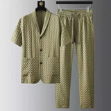 BONSIR  -  Fashion Men's Two Piece Sets Spring Summer Casual Short Sleeve Shirts Pants Suit Solid Geometry Pattern Printed Outfit Men