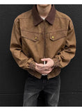 BONSIR  -  American Style Men Jacket Contrast Color Turn-down Collar Patchwork Washing New Autumn Silhouette Loose Male Coat 24K5356