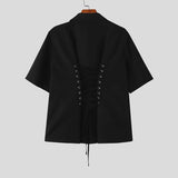 BONSIR  -  Men Shirt Solid Color Lapel Short Sleeve Lace Up Streetwear Men Clothing Summer 2025 Button Fashion Tops Camisas S-5XL