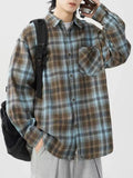 BONSIR  -  Brown Retroplaidshirtlong Sleeveshong Kong Styleclassy Japanese StyleJuku Style Loosetopscasual Shirtoutwear