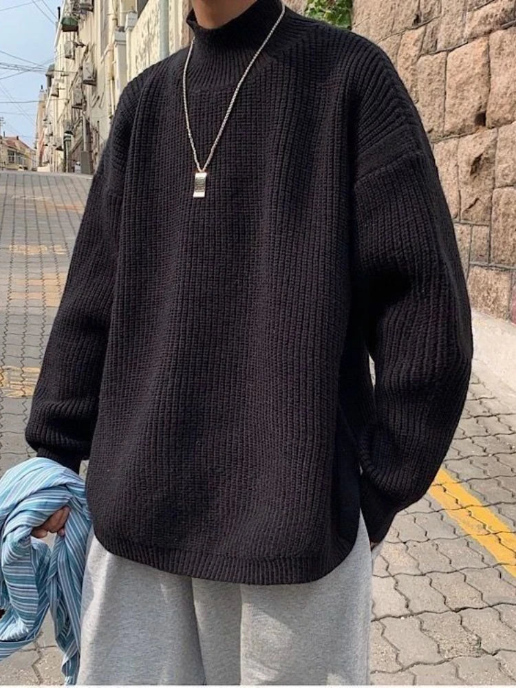 Bonsir Autumn Winter Pullover Korean Grunge Loose Split O-neck Sweater Men's Hong Kong Style Solid Color Bf Bottoming Jumper